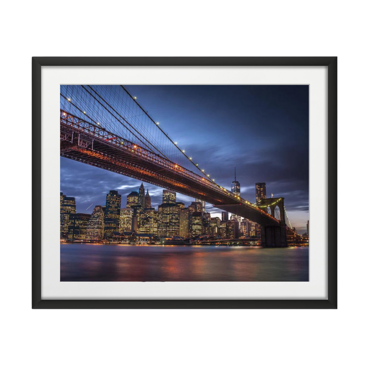Brooklyn Bridge and lower Manhattan skyline at dusk, New York