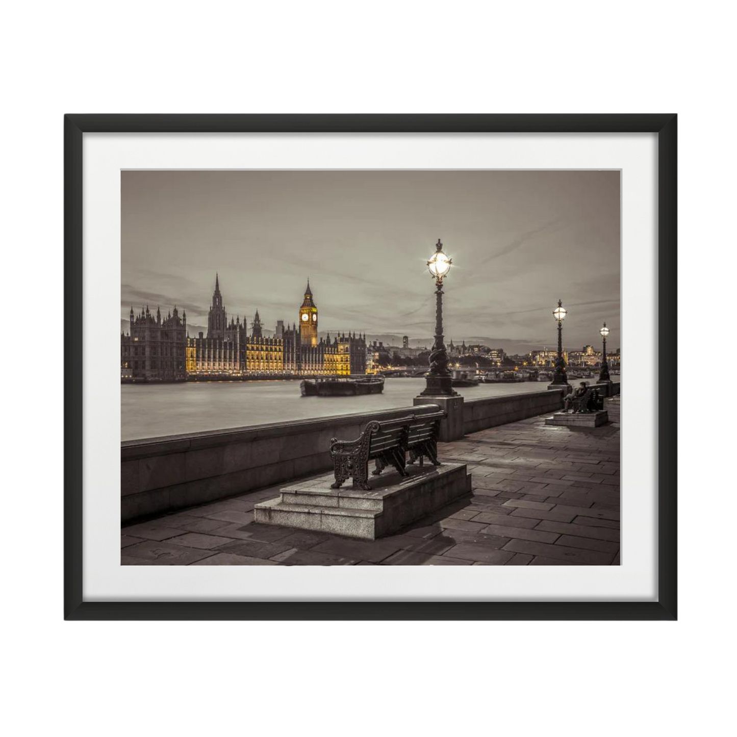 Benchs by the walkway next to river thames, London, Uk
