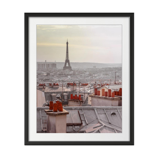 Eiffel Tower seen through the window of an apartment in Montmartre, Paris, France