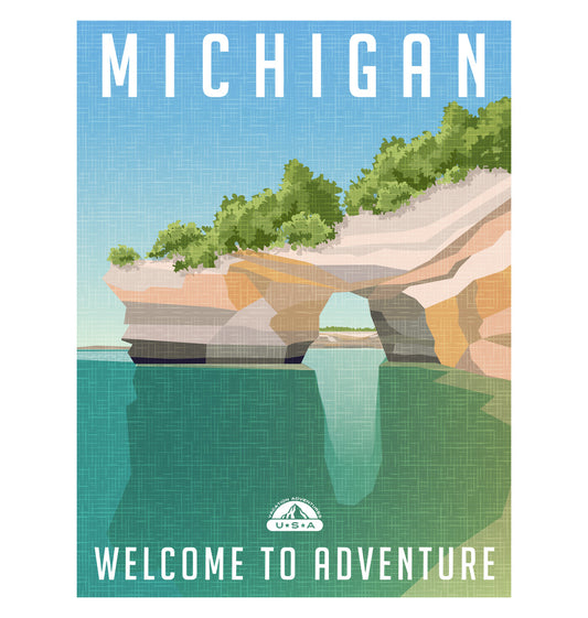 Michigan travel poster. Sandstone cliffs on Lake Superior shoreline.